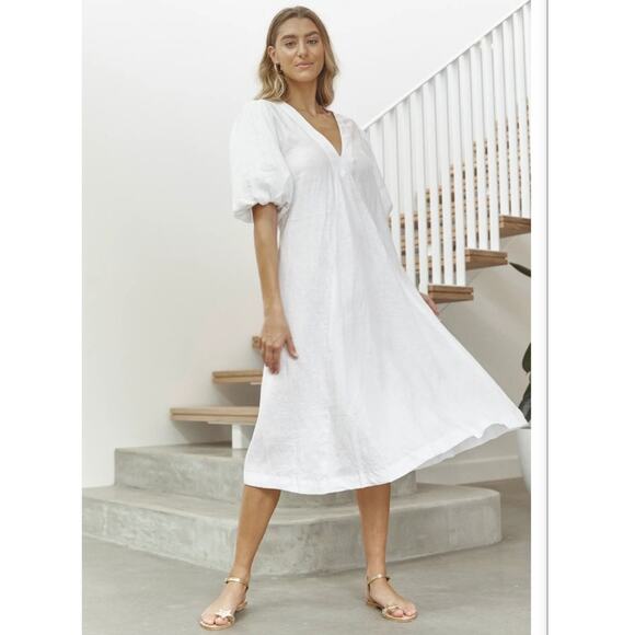 LJC Designs White Linen Charlotte Balloon Sleeve Midi Dress - Picture 1 of 10